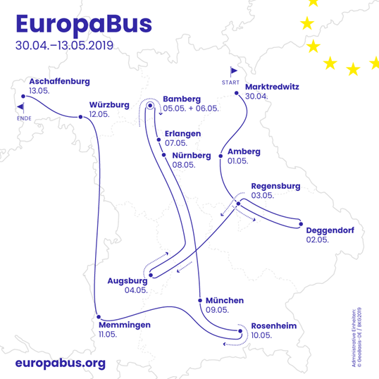 EuropaBus-Route durch Bayern vom 30. April bis 13. Mai 2019.