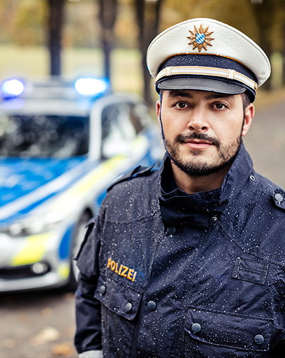 Bayerischer Polizist vor einem Streifenwagen. © Polizei Bayern
