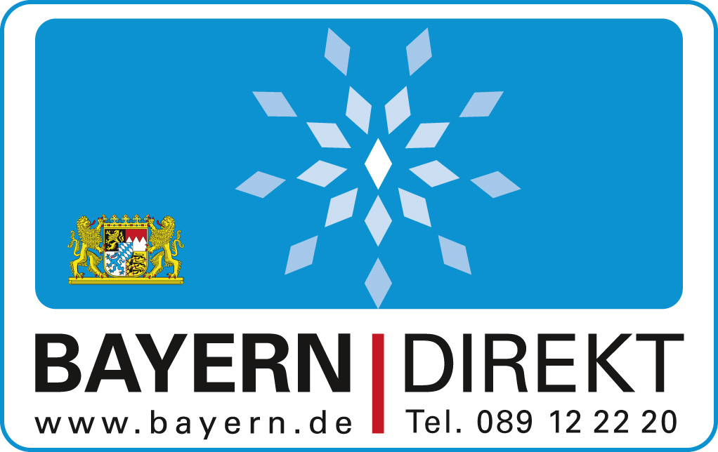 Logo BAYERN | DIREKT: Das bayerische Staatswappen (links) auf blauem Hintergrund. Darunter steht BAYERN|DIREKT und ganz unten steht der Link www.bayern.de sowie die Telefonnumer der Servicestelle 089 12 22 20