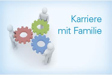 Mentoring-Programm: Drei Figuren mit einem roten, grünen und blauen Zahnrad. Rechts steht in blauer Schrift "Karriere mit Familie".