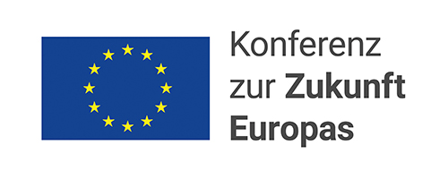 Logo zur Konferenz zur Zukunft Europas. Links die Flagge der Europäischen Union und rechts der Text "Konfernz zur Zukunft Europas".