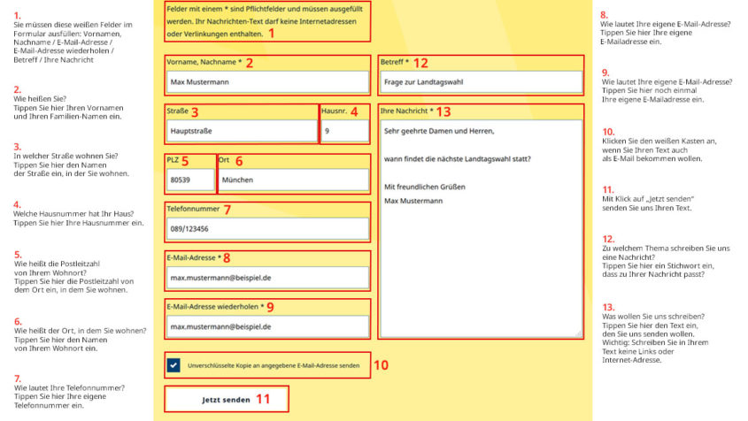 Hier sehen Sie Hinweise, welche Informationen Sie im Kontakt-Formular eintragen können.