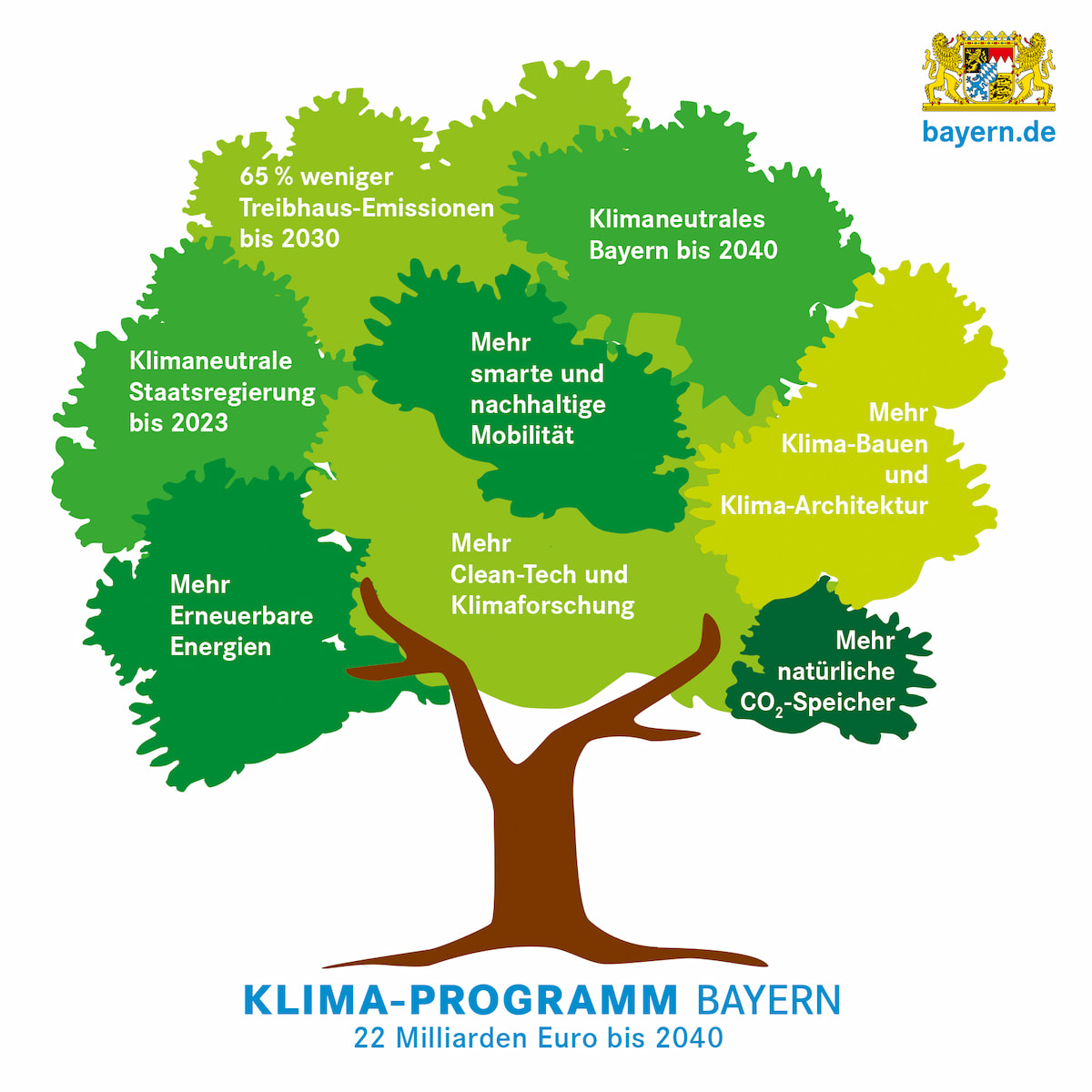 Grafik: In einer Baumkrone werden die zentralen Maßnahmen des Klimaprogramms Bayern dargestellt