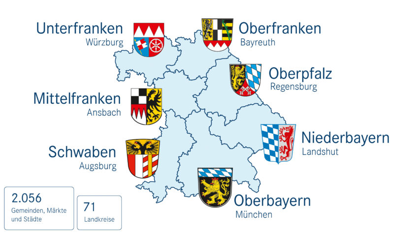 Landkarte Bayern: Jeder der sieben Regierungsbezirke in Bayern trägt ein eigenes Wappen.