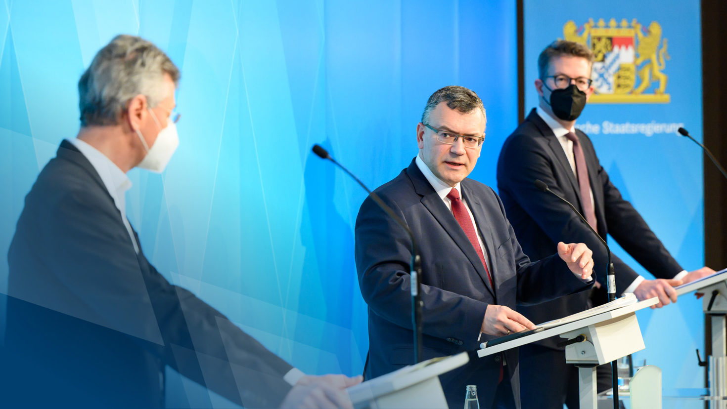 Pressekonferenz mit Staatskanzleiminister Dr. Florian Herrmann, MdL, Kultusminister Prof. Dr. Michael Piazolo, MdL, und Wissenschaftsminister Markus Blume, MdL.