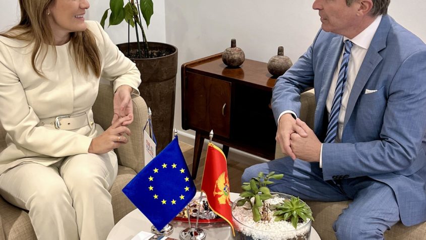 Die Staatssekretärin im Ministerium für europäische Angelegenheiten von Montenegro, Biljana Papović (links), im Gespräch mit Europaminister Eric Beißwenger (rechts).
